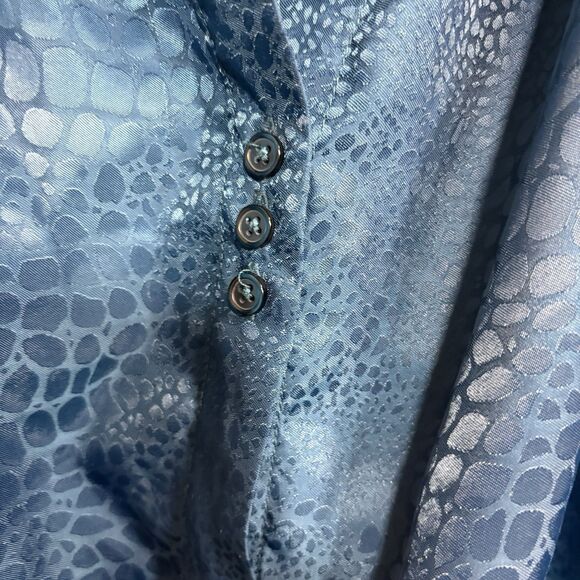 Zac & Rachel Blouse Womens 1X Teal Satin Animal Print Puff Sleeve Boho Chic Top - Picture 3 of 11